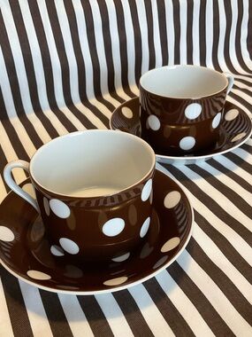 Set of 2 Vintage Brown with White Polka Dot Cups and Saucers